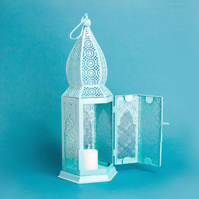 aluminium and glass hanging candle holder, 'Princely Pastel' (large) - Large Blue Hanging Lantern with Decorative Glass