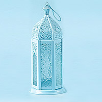 aluminium and glass hanging candle holder, 'Princely Pastel' (medium) - Blue Hanging Lantern with Decorative Glass from India