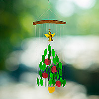 Campana de viento de vidrio, 'Angelic Melody' - Campana de viento de árbol de Navidad de ángel de vidrio y madera flotante