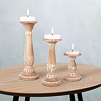 Mango wood candleholders, 'Rustic Charm' (set of 3) - Rustic Mango Wood Candleholder Trio from India