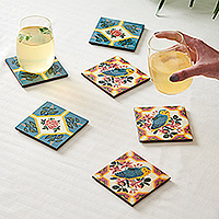 Hand painted wood coasters, 'Vintage Vibe' (set of 6) - Set of 6 Hand Painted Colorful Wood Coasters from India