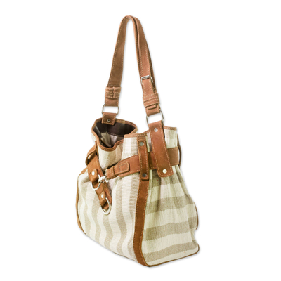 Leather accent cotton handbag, 'Natures Lines' - Central American Cotton Shoulder Bag
