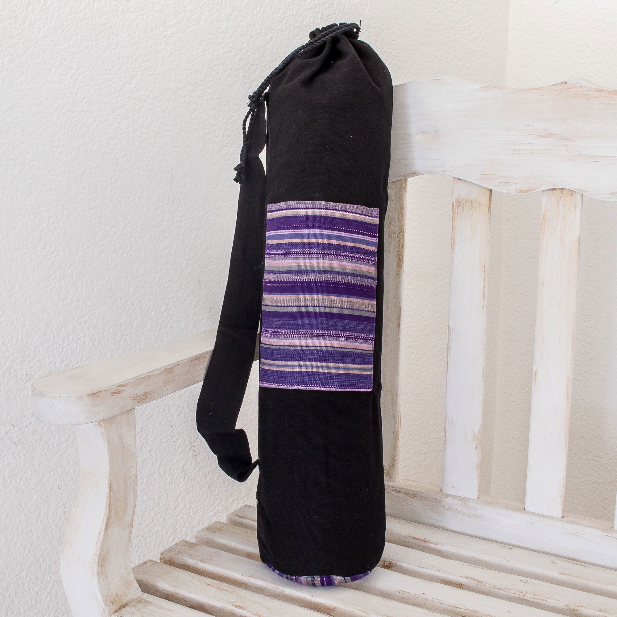 Handmade Black Cotton Yoga Mat Bag Antigua Enchantment Novica