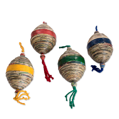 Recycled paper ornaments, 'Festive Cheers' (set of 4) - Recycled paper ornaments (Set of 4)
