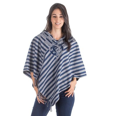 Cotton poncho, 'Maya Moon' - Unique Hand Woven Blue Cotton Poncho