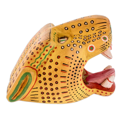 Wood mask, 'Maya Jaguar' - Unique Wood Wall Art Mask