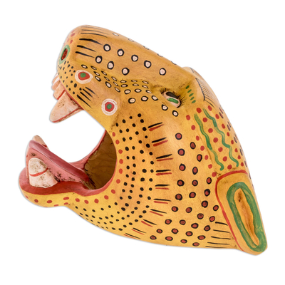 Wood mask, 'Maya Jaguar' - Unique Wood Wall Art Mask