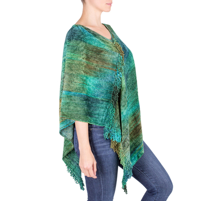 Cotton blend poncho, 'Emerald Valley' - Handcrafted Cotton Blend Poncho