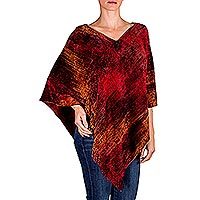 Cotton blend poncho, 'Ruby Tradition' - Hand Loomed Cotton Blend Poncho