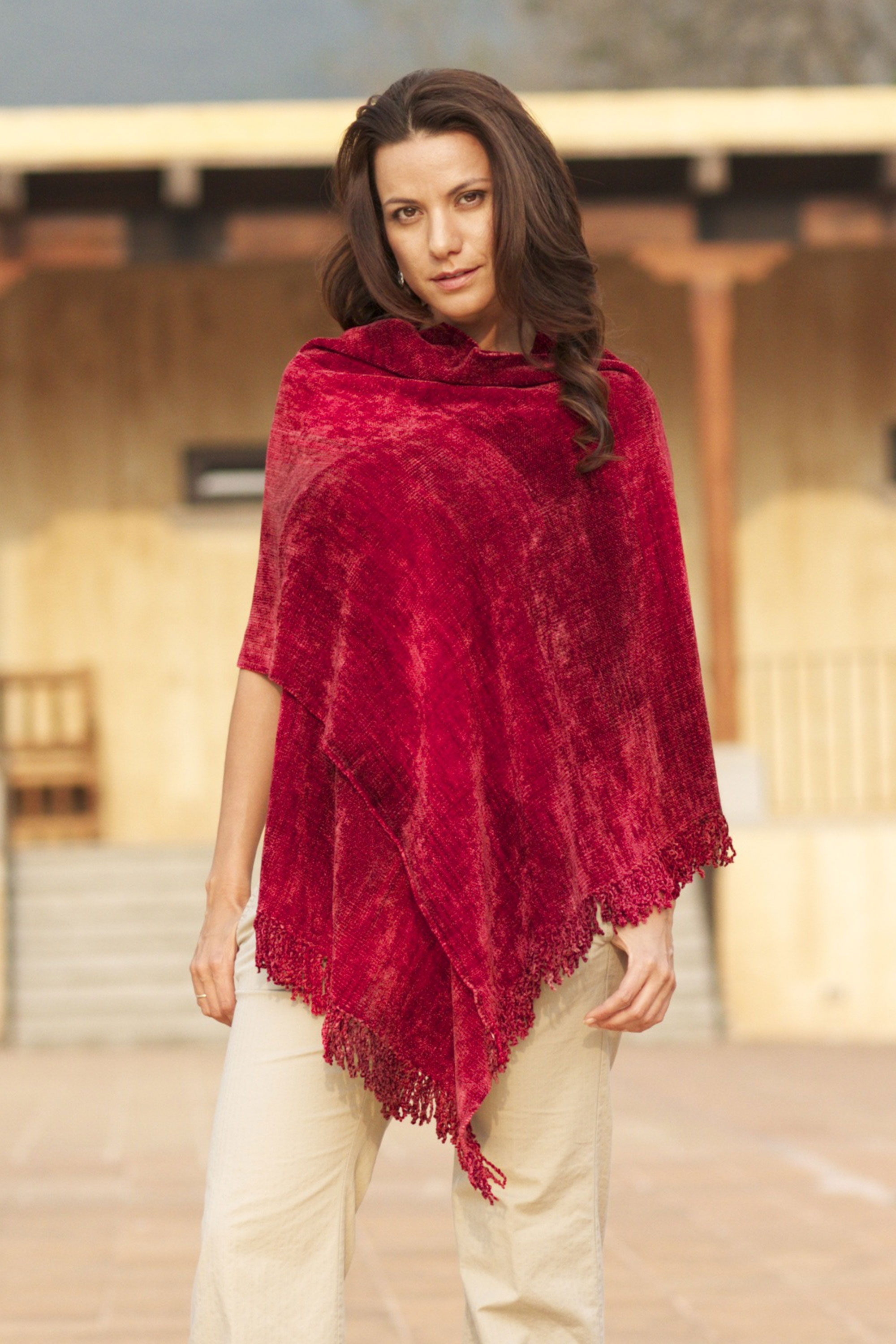 Rayon Chenille Patterned Women's Shawl, 'Tropical Volcano