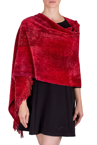 Rayon chenille shawl, 'Ruby Roses' - Finely Hand Loomed Women's Rayon Chenille Wrap