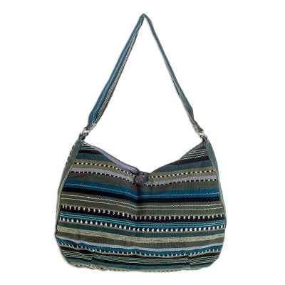 Cotton hobo bag, 'Jade Synchronicity' - Green Striped Cotton Shoulder Bag