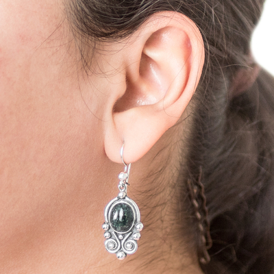 Jade dangle earrings, 'Praise Love' - Hand Crafted Sterling Silver Good Luck Jade Dangle Earrings