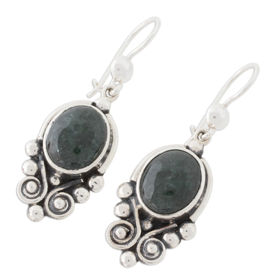 Jade dangle earrings, 'Praise Love' - Hand Crafted Sterling Silver Good Luck Jade Dangle Earrings