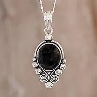 Black spinel pendant necklace, 'Praise Love' - Unique Sterling Silver Pendant Necklace