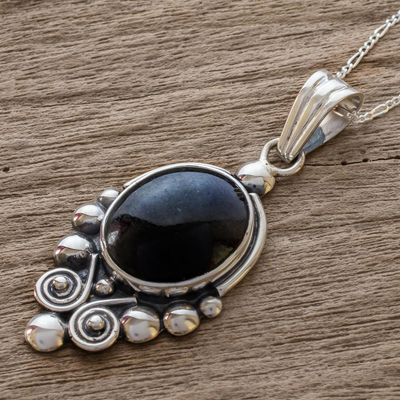Black spinel pendant necklace, 'Praise Love' - Unique Sterling Silver Pendant Necklace