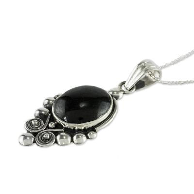 Black spinel pendant necklace, 'Praise Love' - Unique Sterling Silver Pendant Necklace