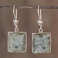 Jade dangle earrings, 'Maya Treasure' - Unique Central American Sterling Silver Dangle Jade Earrings