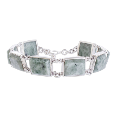 Light Green Artisan Crafted Sterling Silver and Jade Square Link Bracelet