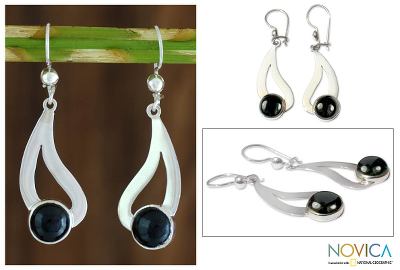 Black spinel dangle earrings, 'Glistening Rain' - Modern Sterling Silver Spinel Dangle Earrings