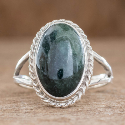 Anillo de cóctel de jade - Anillo de jade de una sola piedra de plata de ley