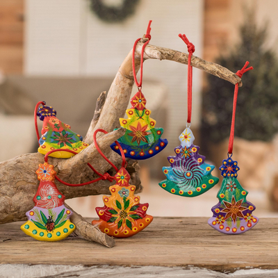 Ceramic ornaments, 'Folk Art Tree' (set of 6) - Hand Painted Ceramic Tree Ornaments (Set of 6)