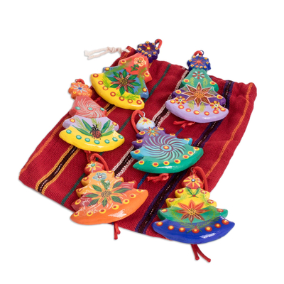 Ceramic ornaments, 'Folk Art Tree' (set of 6) - Hand Painted Ceramic Tree Ornaments (Set of 6)