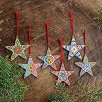 Ceramic ornaments, 'Christmas Star' (set of 6) - Bright Multi-color Handpainted Holiday Ornaments