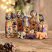 Pinewood nativity scene, 'Angelical' (set of 10) - Hand Crafted Nativity Scene Wood Sculpture (Set of 10)