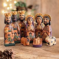 Wood nativity scene, 'Rejoice' (medium, set of 9) - Hand Painted Wood Nativity Scene (Medium, Set of 9)