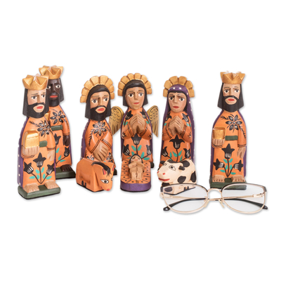 Wood nativity scene, 'Rejoice' (medium, set of 9) - Hand Painted Wood Nativity Scene (Medium, Set of 9)