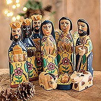 Wood nativity scene, 'Worship' (10 pieces) - 10-Piece Handcrafted Nativity Scene from Guatemala