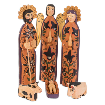 Wood nativity scene, 'Rejoice' (large, set of 9) - Wood Nativity Scene Sculpture Set of 9 