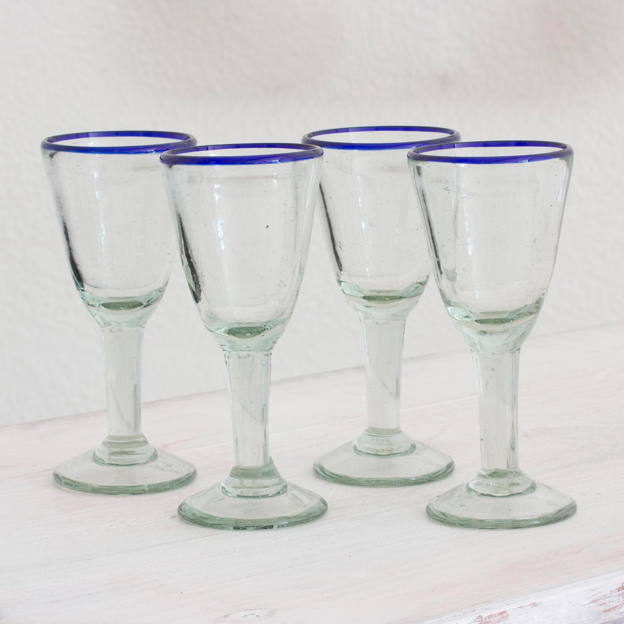Handblown Recycled Glass Cobalt Blue Rim Wine Glasses Bubbly NOVICA