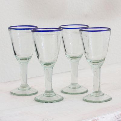 Blown glass wine glasses, 'Bubbly' (set of 4) - Handblown Recycled Glass Cobalt Blue Rim Wine Glasses