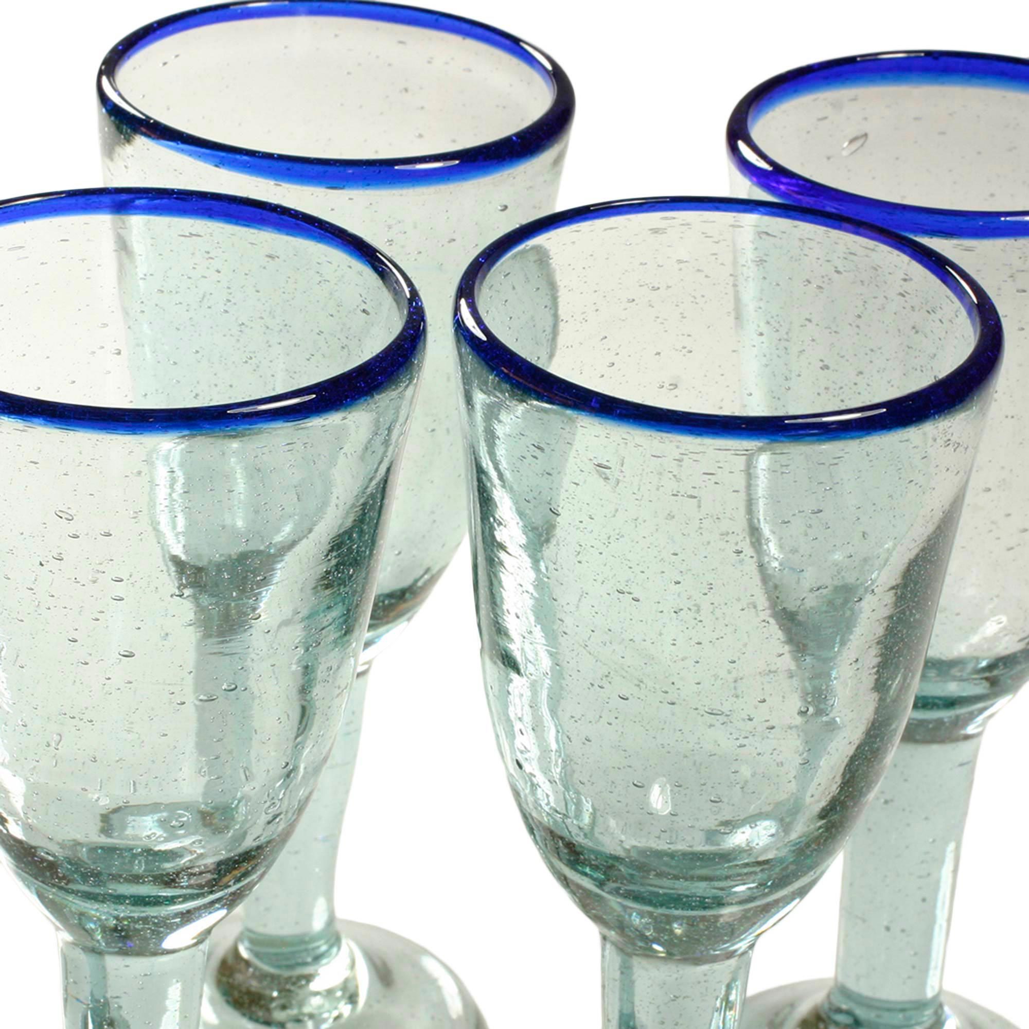 Handblown Recycled Glass Cobalt Blue Rim Wine Glasses Bubbly NOVICA