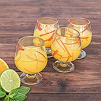 Blown glass goblets, 'Sunset Wind' (set of 4) - Handblown Recycled Glass Cocktail Goblets (Set of 4)