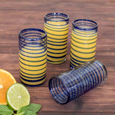 Blown glass tumblers, 'Whirlwind' (set of 4) - Collectible Handblown Recycled Glass Drinkware (Set of 4)