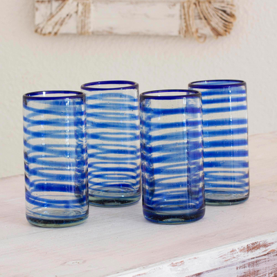 Blown glass tumblers, 'Whirlwind' (set of 4) - Collectible Handblown Recycled Glass Drinkware (Set of 4)