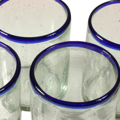 Blown glass juice glasses, 'Blues' (set of 4) - Handblown Recycled Glass Drinkware (Set of 4)