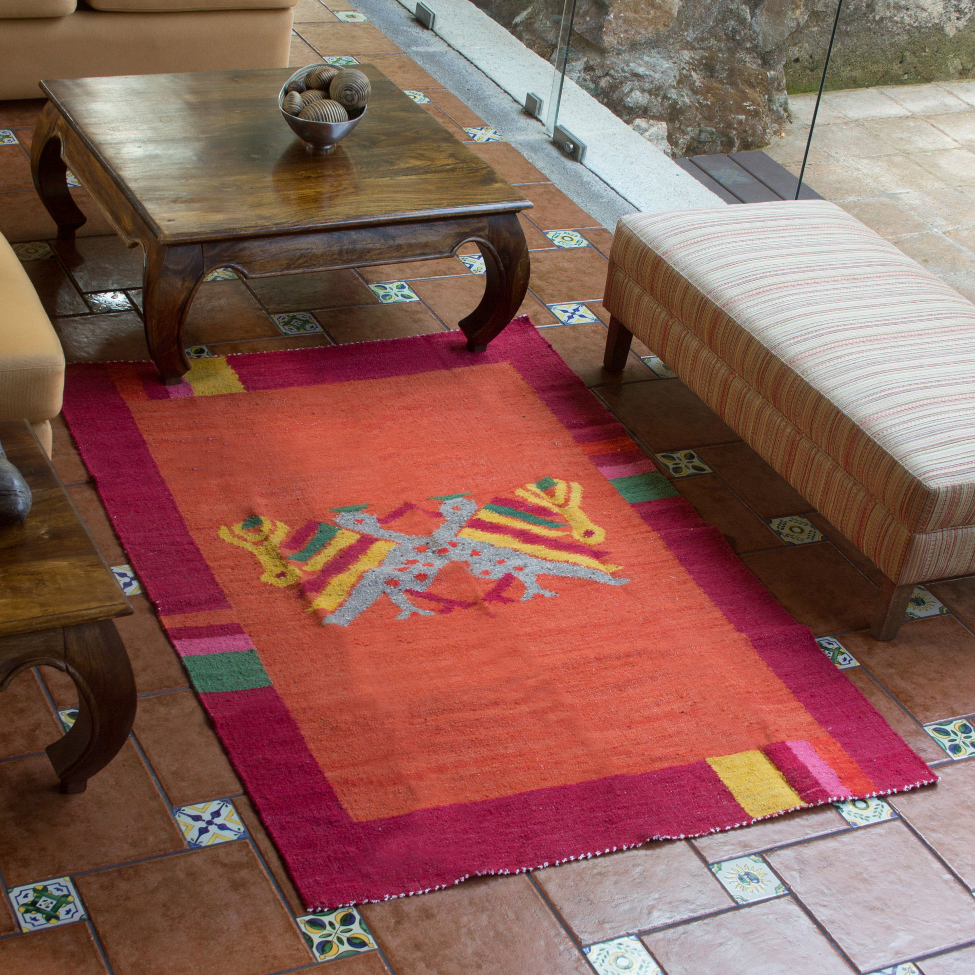 Hand Crafted Guatemalan Animal Themed Wool Rug, 'Flaming Mayan Bird' Living Room Essentials