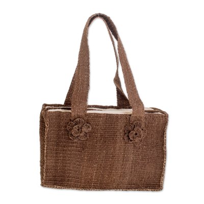 Maguey shoulder bag, 'Brown Maya Rose' - Floral Natural fibre Shoulder Bag