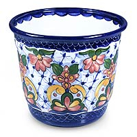 Ceramic flower pot, 'Pink Geraniums' - Ceramic flower pot