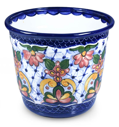 Ceramic flower pot, 'Pink Geraniums' - Ceramic flower pot