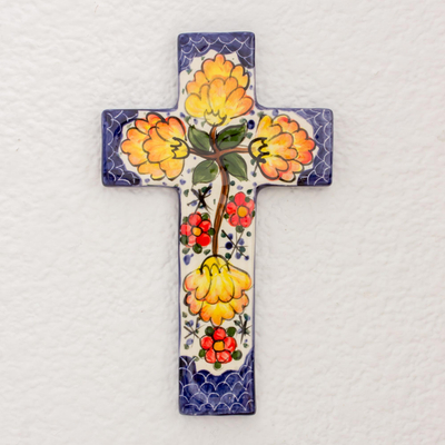 Ceramic cross, 'Floral Harmony' - Fair Trade Floral Ceramic Cross
