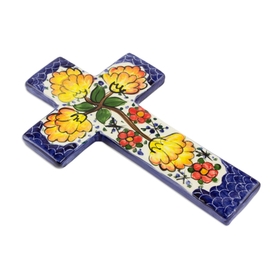 Ceramic cross, 'Floral Harmony' - Fair Trade Floral Ceramic Cross