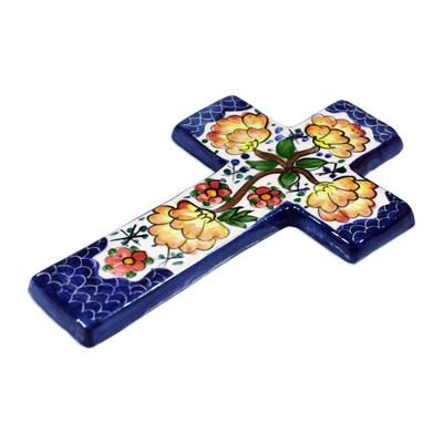 Keramik-Kreuz, „Blumenharmonie“ – fair gehandeltes florales Keramikkreuz