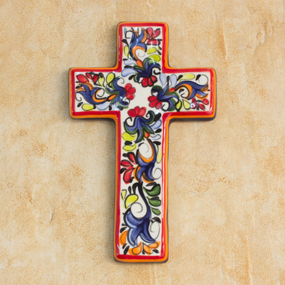 Cruz de cerámica, 'Fe floral' - Cruz de cerámica