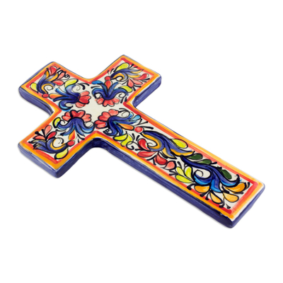 Ceramic cross, 'Floral Faith' - Ceramic cross