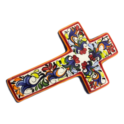 Ceramic cross, 'Floral Faith' - Ceramic cross